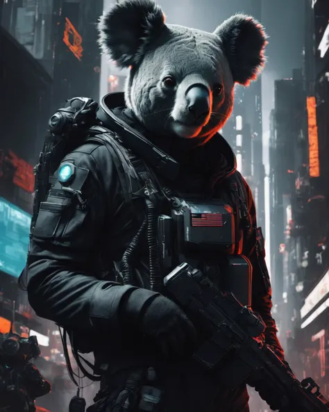 a man in a bear mask holding a gun in a city