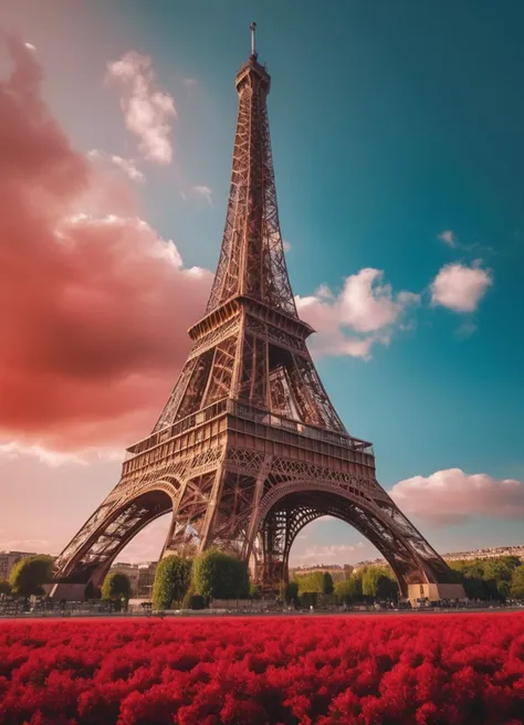 the eiffel tower is surrounded by red flowers in the foreground