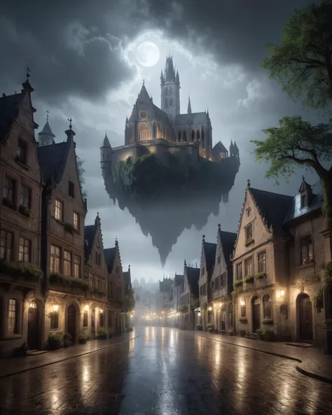 a city street with a castle in the sky above it