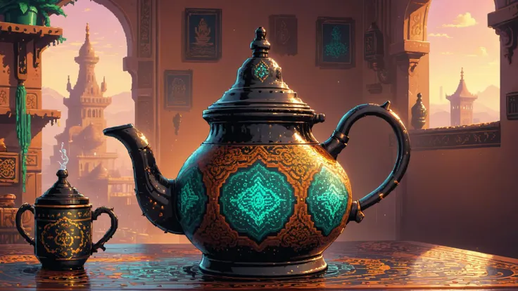 a close up of a teapot on a table with a cup