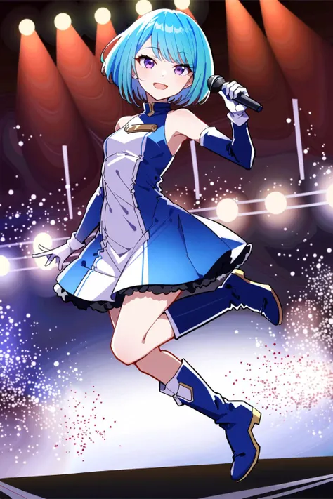 (masterpiece:1.5), best quality, (1girl, solo),
inside mk3, 1girl, solo, purple eyes, gloves, dress, boots, blue footwear, blue hair, short hair, open mouth, multicolored hair, detached sleeves, streaked hair, looking at viewer, white gloves, , hand on hip...