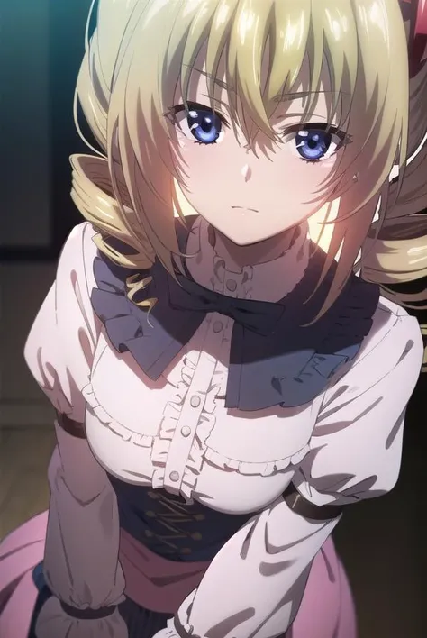 ravelphenex, <lora:ravel phenex anime s1-lora-nochekaiser:1>,
ravel phenex, blue eyes, blonde hair, twintails, drill hair, antenna hair,
BREAK dress, bow, pink dress, puffy sleeves, long sleeves, frills,
BREAK indoors, classroom,
BREAK looking at viewer, (...