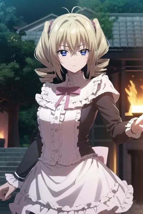 ravelphenex, <lora:ravel phenex anime s1-lora-nochekaiser:1>,
ravel phenex, blue eyes, blonde hair, twintails, drill hair, antenna hair,
BREAK dress, bow, pink dress, puffy sleeves, long sleeves, frills,
BREAK indoors, classroom,
BREAK looking at viewer, (...