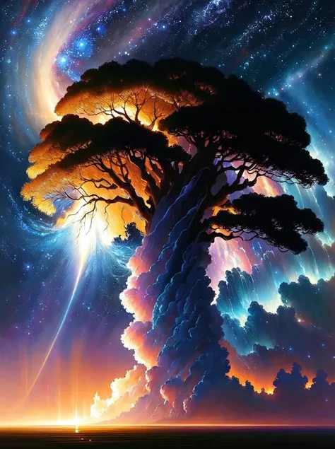 Style-NebMagic, modelshoot style, (extremely detailed CG unity 8k wallpaper), full shot body photo of the most beautiful artwork in the world, a magical world tree at night, Yggadrasil World tree grows into Style-NebMagic, professional majestic oil paintin...