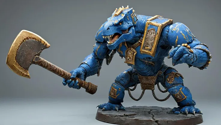 a blue and gold painted drdnght machine with a large axe is beating on an angry dinosaur,
Ultra-HD-photo-same-realistic-quality-details
 <lora:Space_Marine_Dreadnought_-_Warhammer_40000_SDXL:1>