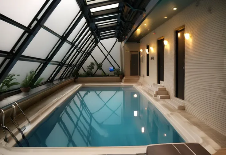 there is a pool inside of a building with a glass roof