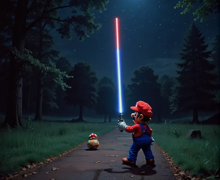 <lora:SMB Artstyle - V1 - Trigger is SMB Artstyle:1>, , A remake of the movie Star Wars IV A New hope, smb artstyle,  low wide shot,using light sabers to take over The Fort Washington Park, after midnight, dark, illumination from light sabre.