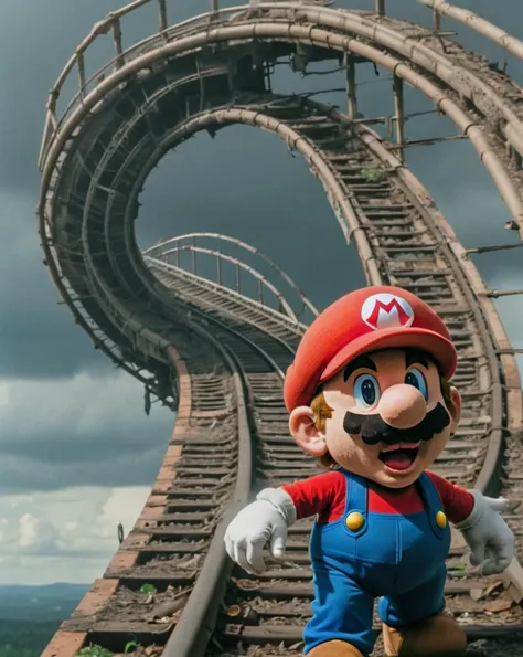 <lora:SMB Artstyle - V1 - Trigger is SMB Artstyle:1> smb artstyle,    Film scene showcasing smb artstyle , navigating a dilapidated roller coaster track on foot, under overcast skies, shot from a low angle, portraying a journey through forgotten thrills.