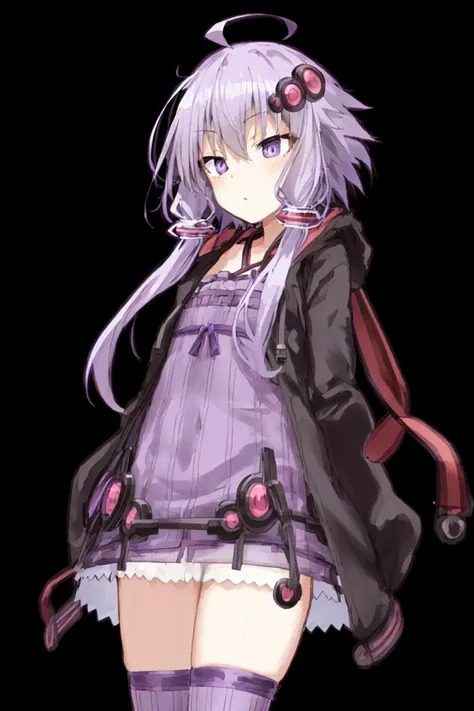 yuzuki yukari, purple hair, short hair with long locks, ahoge, hair ornament, purple eyes, purple dress, hooded jacket, open clothes, sleeves past wrists, purple thighhighs <lora:yuzukiYukari_v10:0.5>, masterpiece, best quality