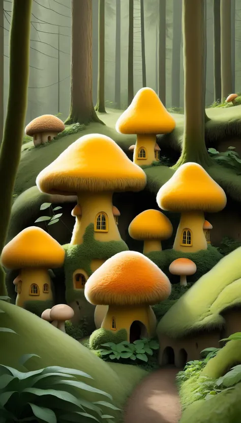 <lora:FluffyStyleXL:1.3> FluffyStyle yellow (orange:0.8) village cottages sprouting from gigantic mushrooms in a lush forest, fluffy