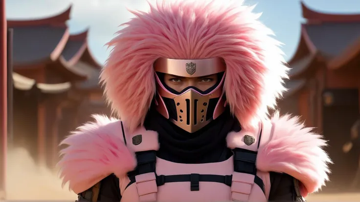 <lora:FluffyStyleXL:1.3> FluffyStyle Pink  solo, half shot, looking down, detailed background, detailed face, (madmax theme:1.1), ronin, Orange samurai clothing, samurai helmet,  angry, samurai crest,  dojo in background, wind, cinematic atmosphere,, fluff...