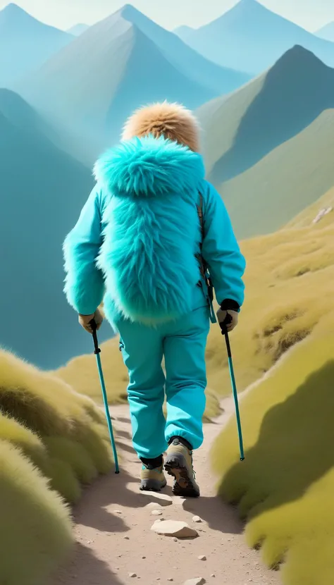 <lora:FluffyStyleXL:1.3> FluffyStyle Turquoise adventurous hiker exploring a mountain trail, furry