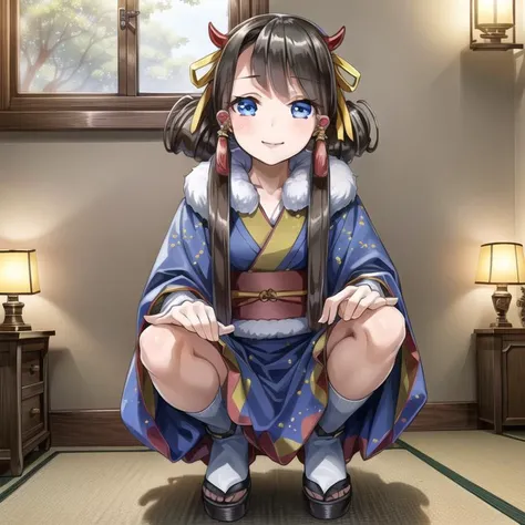 1girl, <lora:indoors_or_outdoors_last:-1>,  <lora:Hachioji_v1:0.7>Hachioji,drill hair, blue japanese clothes,hair ribbon,   zooming out, japanese room,squatting,, <lora:flatBG:-0.45> ,<lora:flat2:-0.45>,(dark light:1.2),(hyper extreme detailed),(masterpeac...