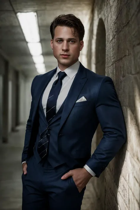 epiCRealism, (male focus), cowboy shot professional photograph of nick sandell in a dark blue (suit and tie:1.5), <lora:Nick_Sandell-07:1>, deep photo, depth of field, Superia 400, bokeh, professional photograph shot, realistic lighting