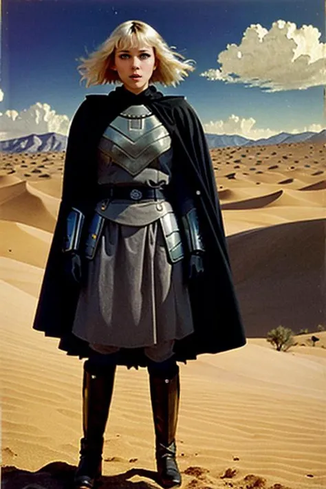 a woman in a cape and boots standing in the desert