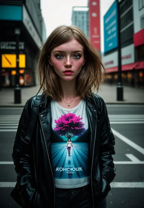 a woman in a t - shirt and leather jacket standing on a street