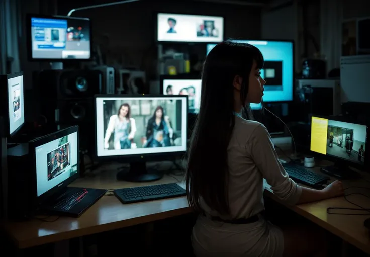 arafed woman sitting at a desk in front of a computer monitor