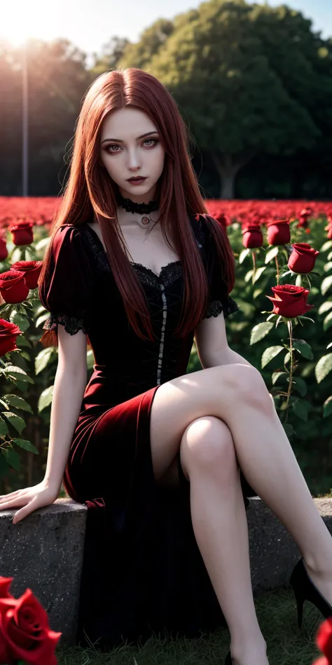 arafed woman sitting on a bench in a field of roses