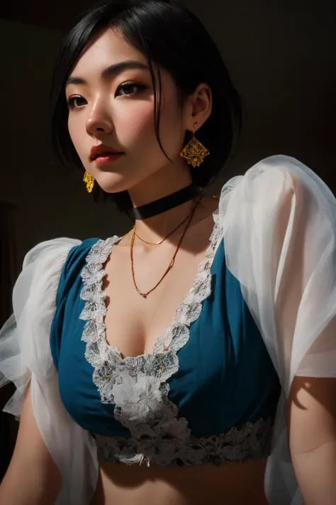 a close up of a woman wearing a blue top and a white blouse