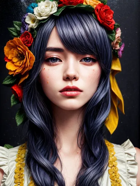 a woman with long hair and a flower crown on her head