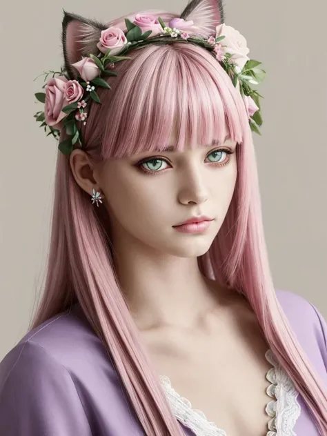 a woman with pink hair and a cat ears with flowers in her hair