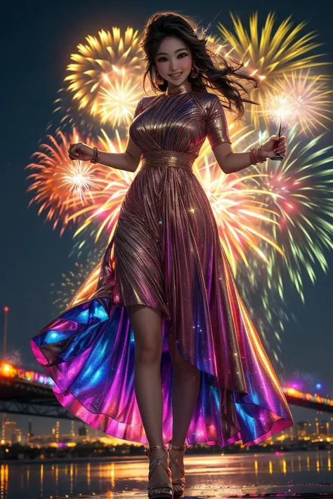 a woman in a dress is standing on a pier with fireworks in the background