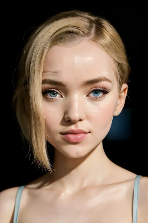 photoshoot of doveCam1, (blonde hair), (pixie cut), , detailed skin texture, (blush:0.2), (goosebumps:0.3), (light blue dress), subsurface scattering, Photorealistic, Hyperrealistic, Hyperdetailed, analog style, hip cocked, demure, detailed skin, matte ski...