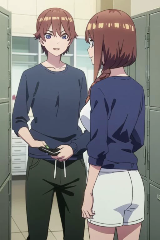 masterpiece,best quality,highly detailed, 1girl looking at 1boy in mirror,  miku, muku nakano, season2, brown hair, long hair, short hair, toothy smile, inside men s locker room, looking at mirror, seeing herself in reflection, anime screencap, anime colo...