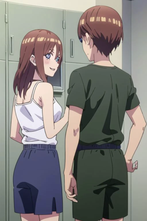 masterpiece,best quality,highly detailed, two people(1 girl, 1boy),  miku, muku nakano, season2, brown hair, long hair, short hair, toothy smile, inside men s locker room, looking sideways, looking at mirror, seeing herself in reflection, anime screencap,...