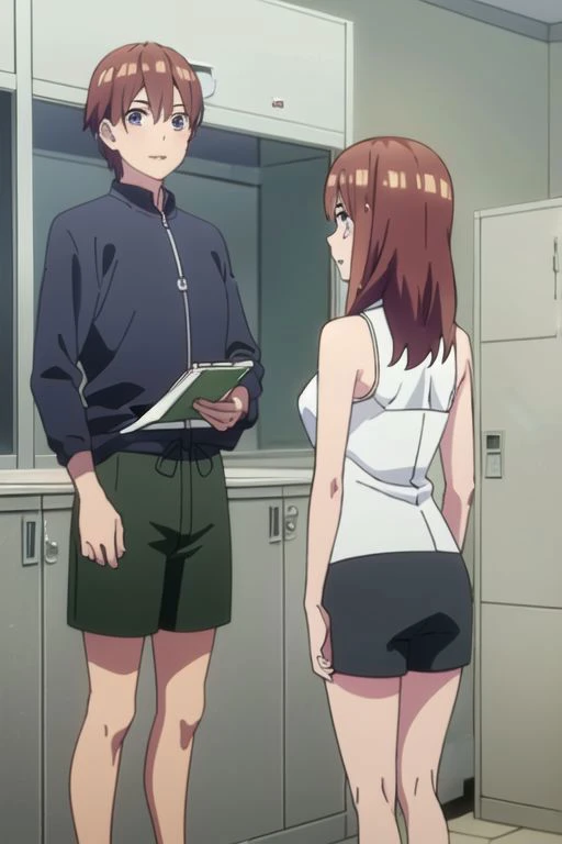 masterpiece,best quality,highly detailed, two people(1 girl, 1boy),  miku, muku nakano, season2, brown hair, long hair, short hair, toothy smile, inside men s locker room, looking at mirror, seeing herself in reflection, anime screencap, anime coloring, v...