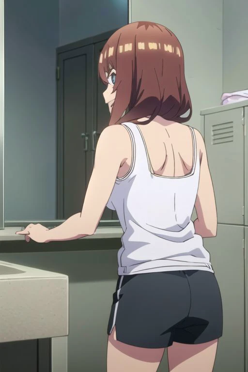 masterpiece,best quality,highly detailed, 1girl looking at 1boy in mirror,  miku, muku nakano, season2, brown hair, long hair, short hair, toothy smile, inside men s locker room, looking at mirror, seeing herself in reflection, anime screencap, anime colo...