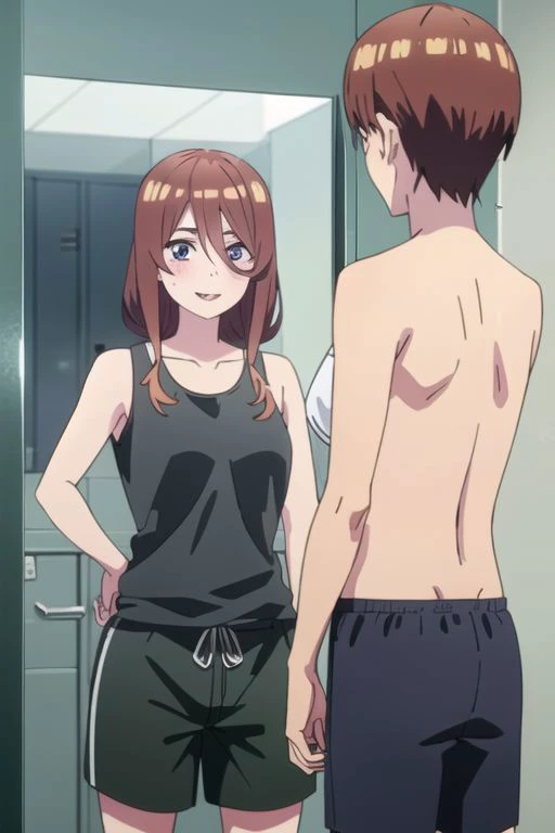 masterpiece,best quality,highly detailed,  miku, muku nakano, season2, brown hair, long hair, short hair, toothy smile, inside men s locker room, looking sideways, looking at mirror, 1girl seeing 1boy in mirror reflection, perfect mirror reflection, anime...