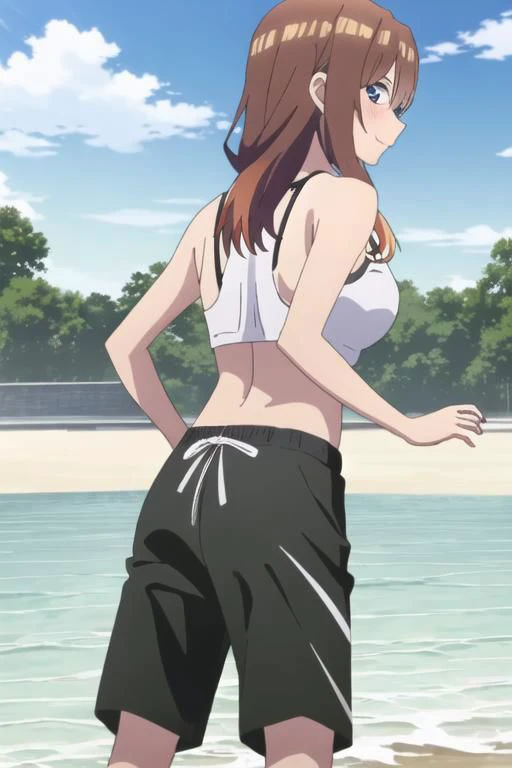 1 girl, miku, muku nakano, season2, brown hair, long hair, Tshirt, looking at viewer, smile, looking at viewer, from behind, looking from behind, beach background, sky, anime screencap, anime coloring, very colorful, 8k masterpiece, blue eyes, standing, (w...