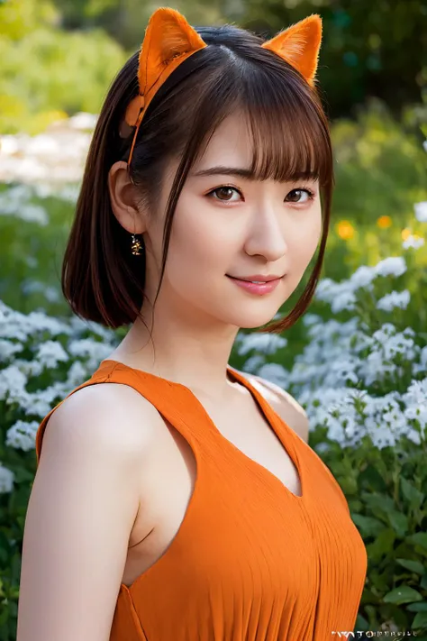 <lora:suehiro_v1:0.9>, suehiro 25 years old , pale skin, slim, cute face, brown eyes, ((orange dress)), mini cat ears,
(detailed eyes features:1.2), (detailed face features:1.2), full body, portrait shot, smile, look at camera, natural breasts, 
morning, a...