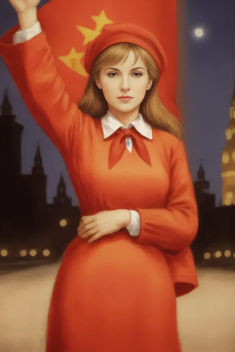 <lora:DDCrossedLegs_ddcV2:0.5> standing, masterpiece, best quality, ssmiling 40 year old european woman, soviet pioneer , soviet flag, soviet, sopi <lora:sovietPioneers_sopiV10:0.8> at night ,realistic scene, detailed hands, placed on hip