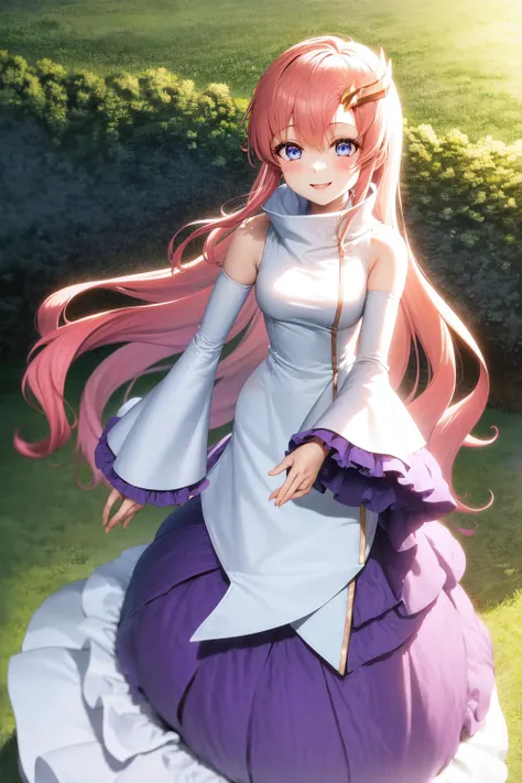 masterpiece, best quality, highres, 1girl lacus clyne pink hair blue eyes, straight hair white sleeves detached sleeves purple skirt purple frills <lora:lacus_clyne_anime_remake_purple_skirt:1> outdoors, smile, standing