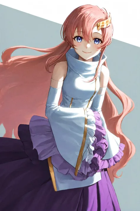 masterpiece, best quality, highres, 1girl lacus clyne pink hair blue eyes, straight hair white sleeves detached sleeves purple skirt purple frills <lora:lacus_clyne_anime_remake_purple_skirt:1> standing, smile