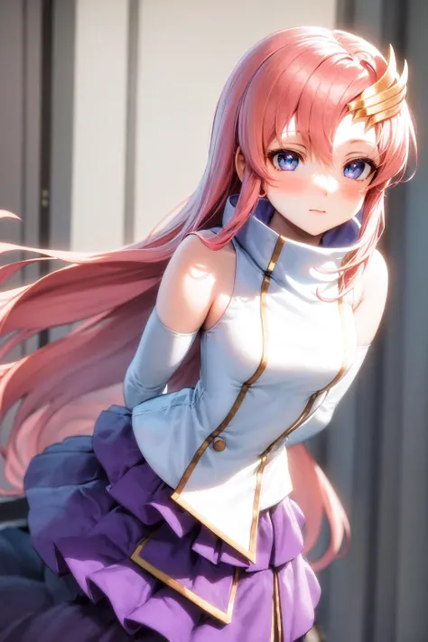 masterpiece, best quality, highres, 1girl lacus clyne pink hair blue eyes, straight hair white sleeves detached sleeves purple skirt purple frills <lora:lacus_clyne_anime_remake_purple_skirt:1> standing, arms behind back, leaning forward