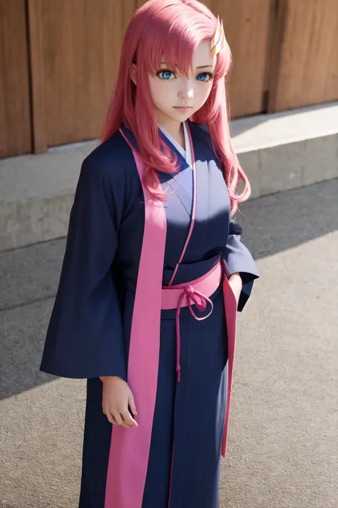 masterpiece, best quality, highres, 1girl lacus clyne blue eyes pink hair, straight hair, <lora:lacus_clyne:1> japanese clothes black kimono detached sleeves, standing, hands in pockets, photorealistic