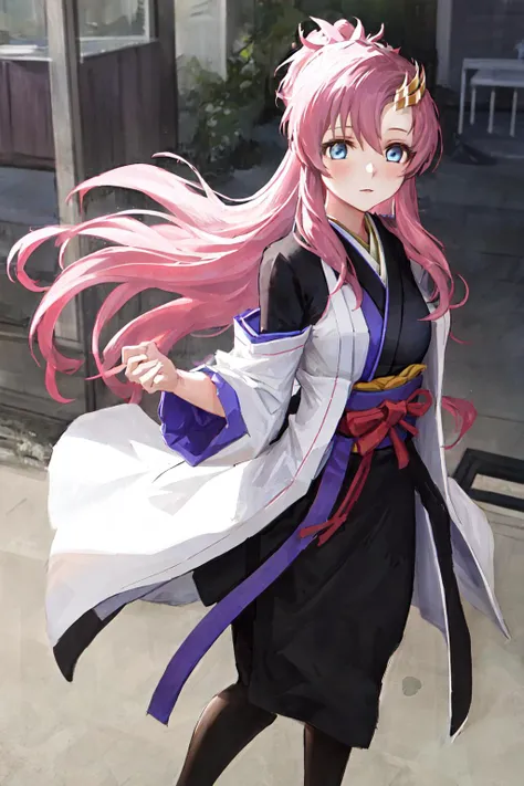 masterpiece, best quality, highres, 1girl lacus clyne blue eyes pink hair, ponytail, <lora:lacus_clyne:1> photorealistic, standing, japanese clothes black kimono white coat