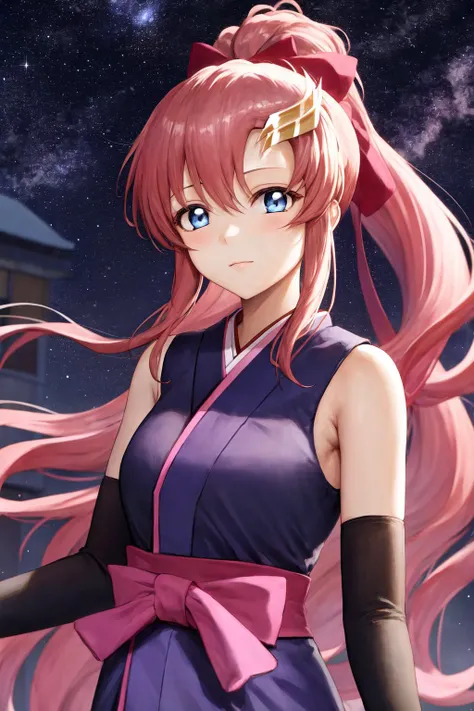 masterpiece, best quality, highres, 1girl lacus clyne blue eyes pink hair, ponytail, <lora:lacus_clyne:1> japanese clothes black kimono detached sleeves, starry sky