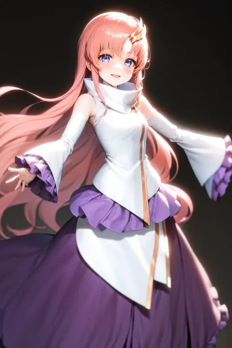 masterpiece, best quality, highres, 1girl lacus clyne pink hair blue eyes, straight hair white sleeves detached sleeves purple skirt purple frills <lora:lacus_clyne_anime_remake_purple_skirt:1> standing, outstretched arms, smile