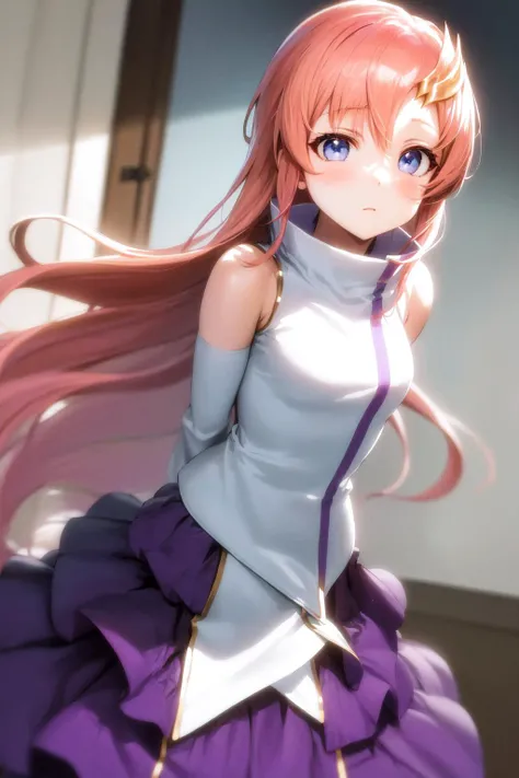 masterpiece, best quality, highres, 1girl lacus clyne pink hair blue eyes, straight hair white sleeves detached sleeves purple skirt purple frills <lora:lacus_clyne_anime_remake_purple_skirt:1> standing, arms behind back, leaning forward