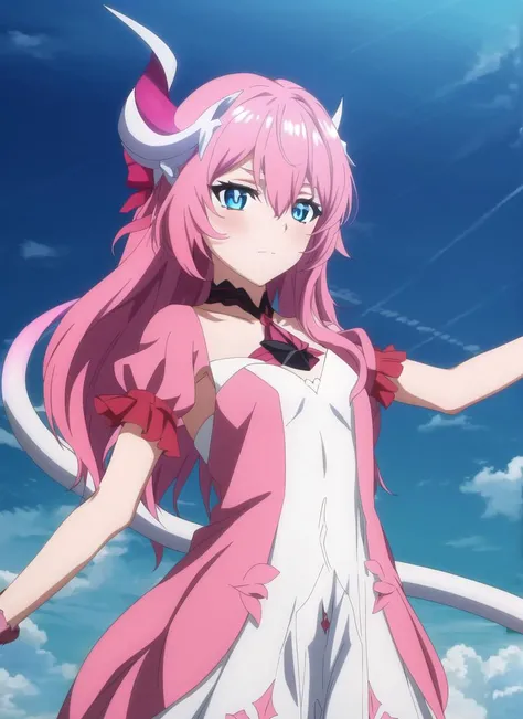 masterpiece, best quality,rozaliyaolenyeva, pink hair, blue eyes, long hair, bangs, horns, single horn, hair between eyes, tail,white and pink clothes,dress,anime,(anime screencap), ((shiny skin)), dynamic pose,cowboy shot,  <lora:èèèå¨-000011:0.75>...