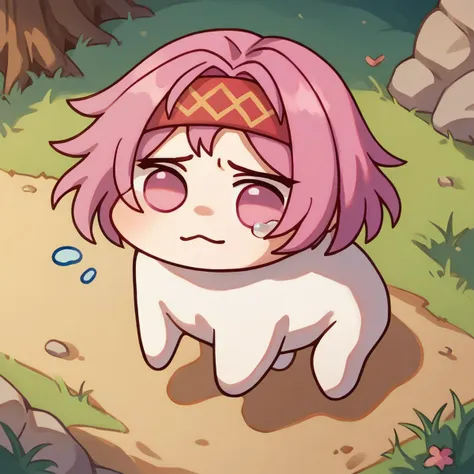 anime girl with pink hair and a pink headband sitting on a path