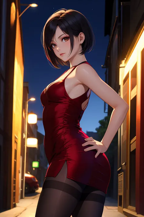 masterpiece, best quality, highres, absurdres, ultra detailed, pretty eyes, semi_realistic 
ada wang,short hair,brown eyes,black hair, red_mini_dress, (black_pantyhose), sleeveless, cleavage, 
hand on hip, looking at viewer, standing, cowboy_shot, front vi...