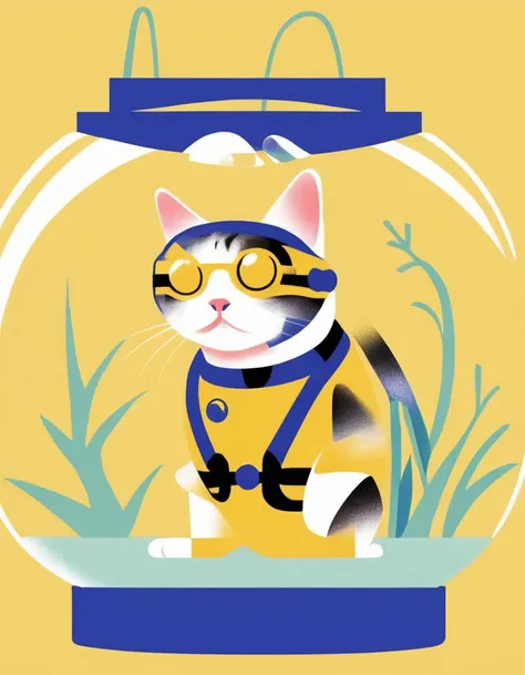 <lora:Illustration_-StyleXL_kk:1> illstyle, illustration style, Dive Cat: Cat in snorkeling gear, looking curiously into a fishbowl., (masterpiece, best quality) , Yellow cute drawing illustration, Graceful, warm lighting