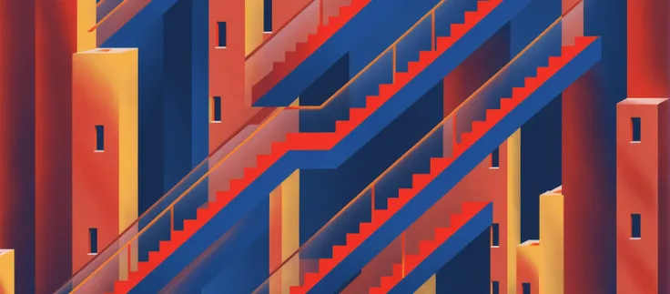 illstyle, illustration style, surreal cityscape where staircases and pathways defy gravity, creating an intricate maze, <lora:Illustration_-StyleXL_kk:1>, blue, red, yellow