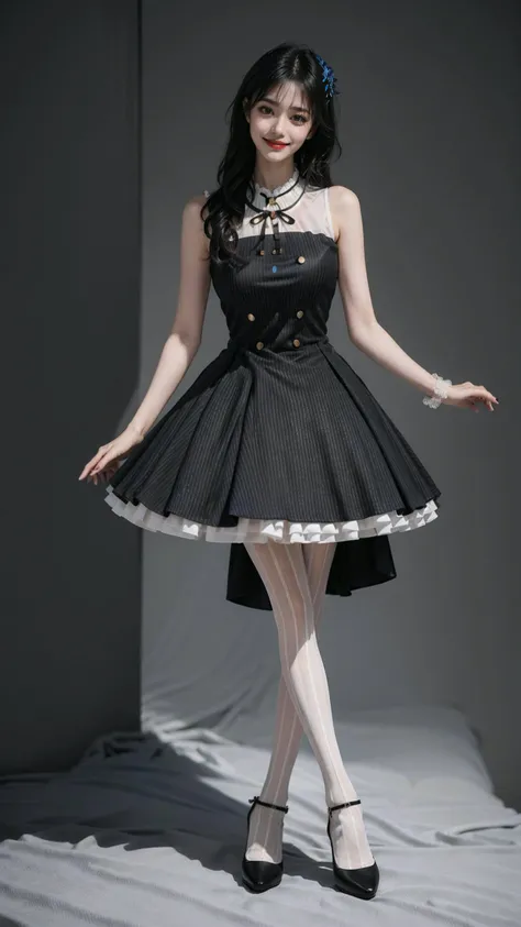 best quality,quality,masterpiece,photorealistic,1girl,solo,standing,long black hair,blunt bangs,looking at viewer,smile,full body,dating dress,pantyhose,high heels,simple background,<lora:dating_attire_style3_v1:0.65>,black silk,forest,