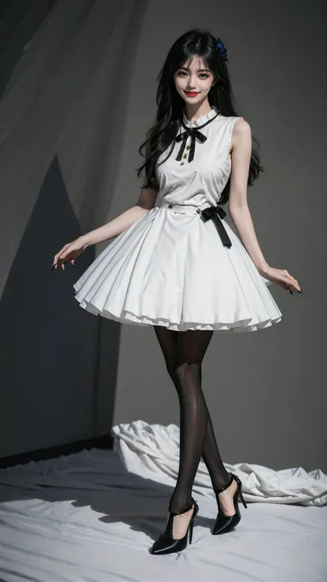 best quality,quality,masterpiece,photorealistic,1girl,solo,standing,long black hair,blunt bangs,looking at viewer,smile,full body,dating dress,pantyhose,high heels,simple background,<lora:dating_attire_style3_v1:0.65>,studio,black silk,